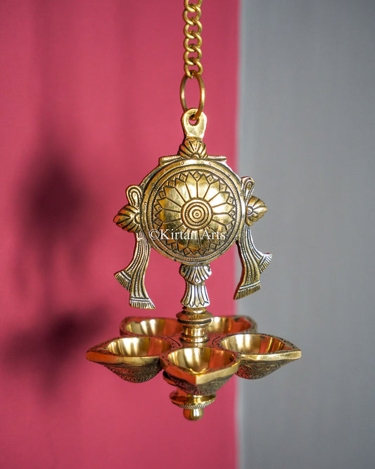 Premium Grand Solid Brass Hanging Shanku and Chakra Lamp Pair (5 Wick) – 32-Inch Traditional Chain Diya Set with Sacred Vaishnava Motifs