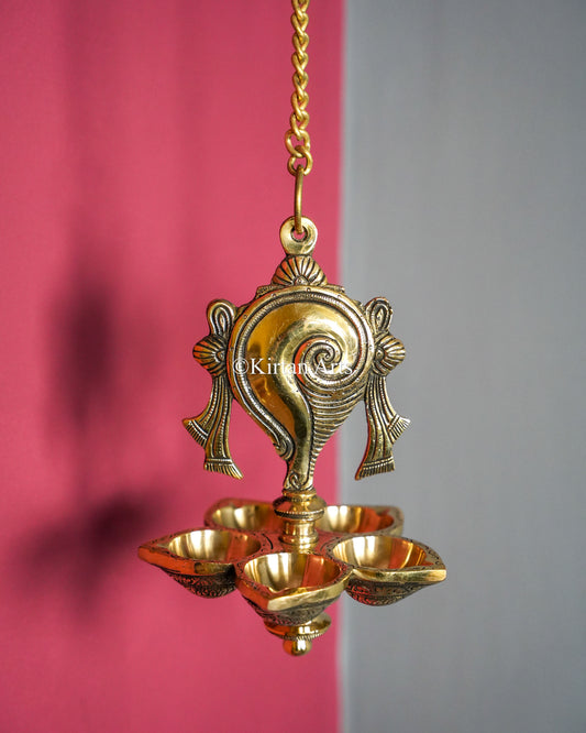 Premium Grand Solid Brass Hanging Shanku and Chakra Lamp Pair (5 Wick) – 32-Inch Traditional Chain Diya Set with Sacred Vaishnava Motifs