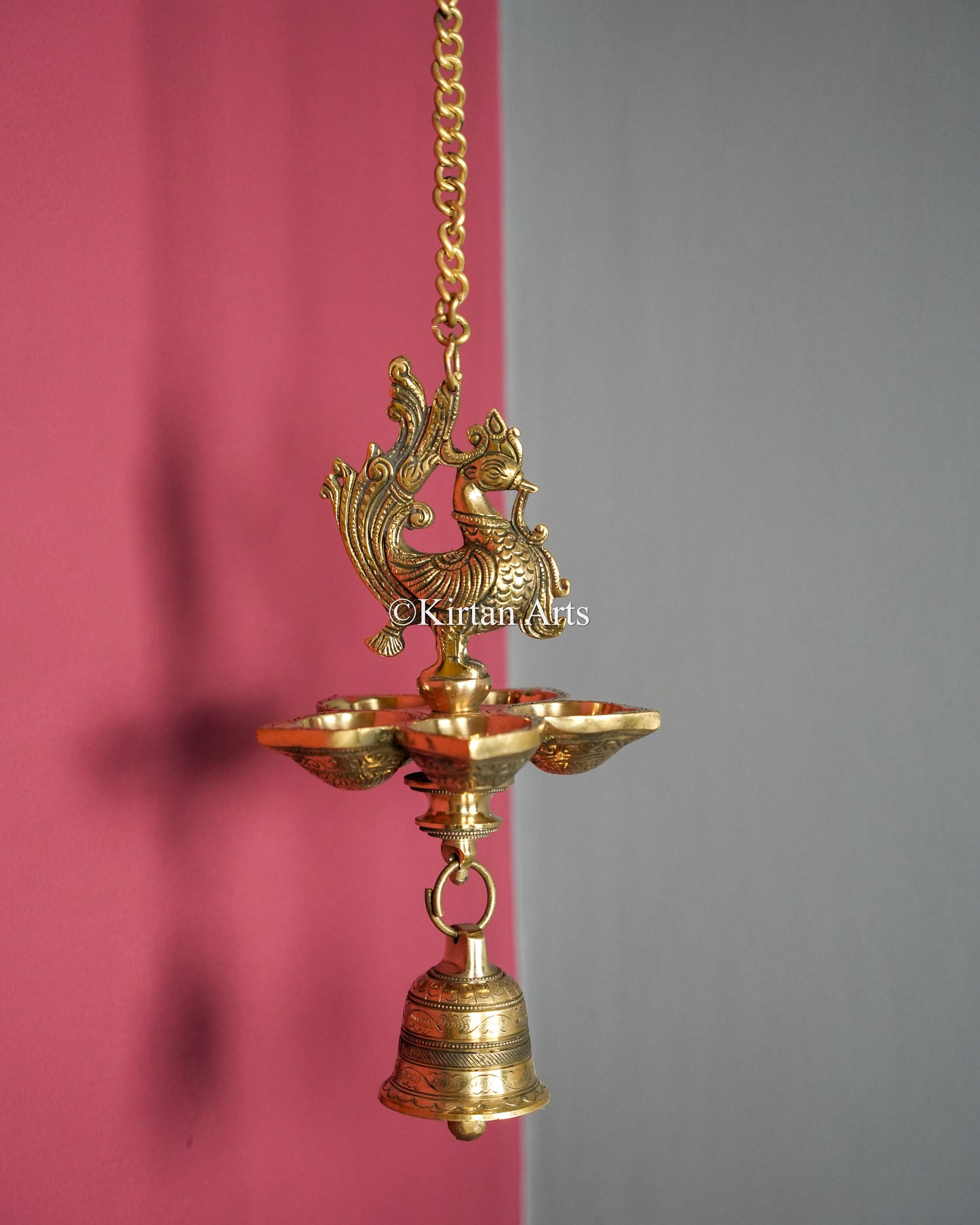 Premium Grand Solid Brass Hanging Peacock Lamp(5 Wick) – 33-Inch Traditional Chain Diya with Carved Mayura and Bell