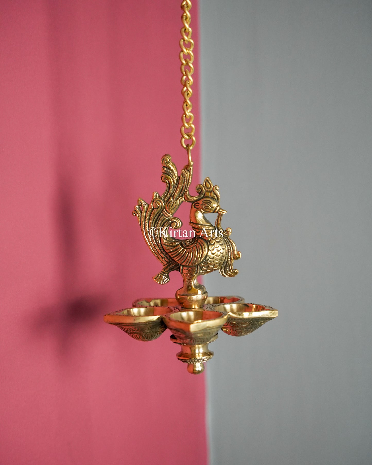 Premium Solid Brass Hanging Peacock Lamp(5 Wick) – 29-Inch Traditional Chain Diya with Carved Mayura and Deep-Cup 5-Wick Reservoir (Bell-Free)