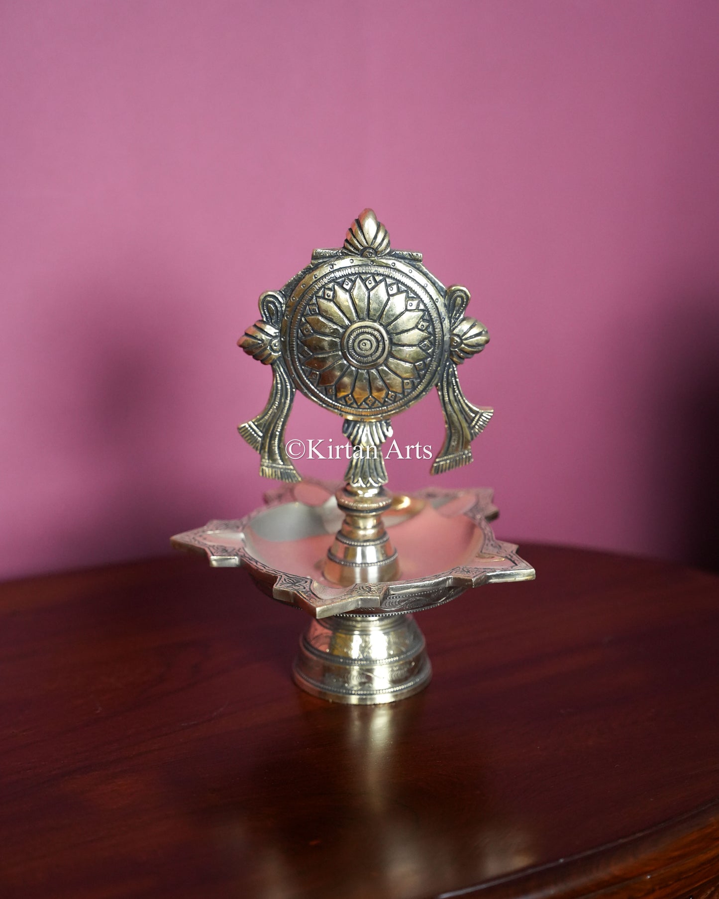 Premium Heavy Solid Brass Shankh &amp; Chakra Standing Lamp Pair – 10-Inch Traditional Tabletop Brass Diya Set with Sacred Vaishnava Motifs and Compact Pedestal Bases
