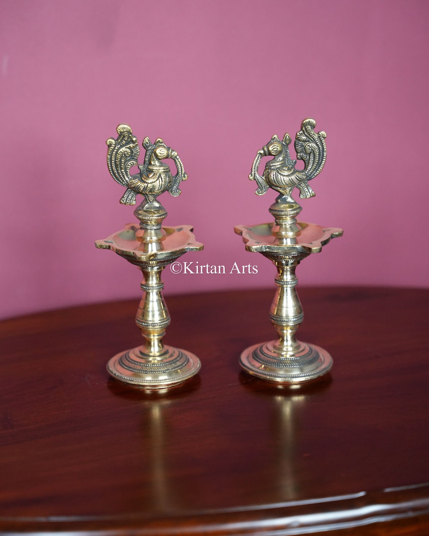 Premium Solid Brass Peacock Standing Lamp Pair – 8-Inch Traditional Tabletop Brass Kuthuvilakku Set with Carved Mayura Finials