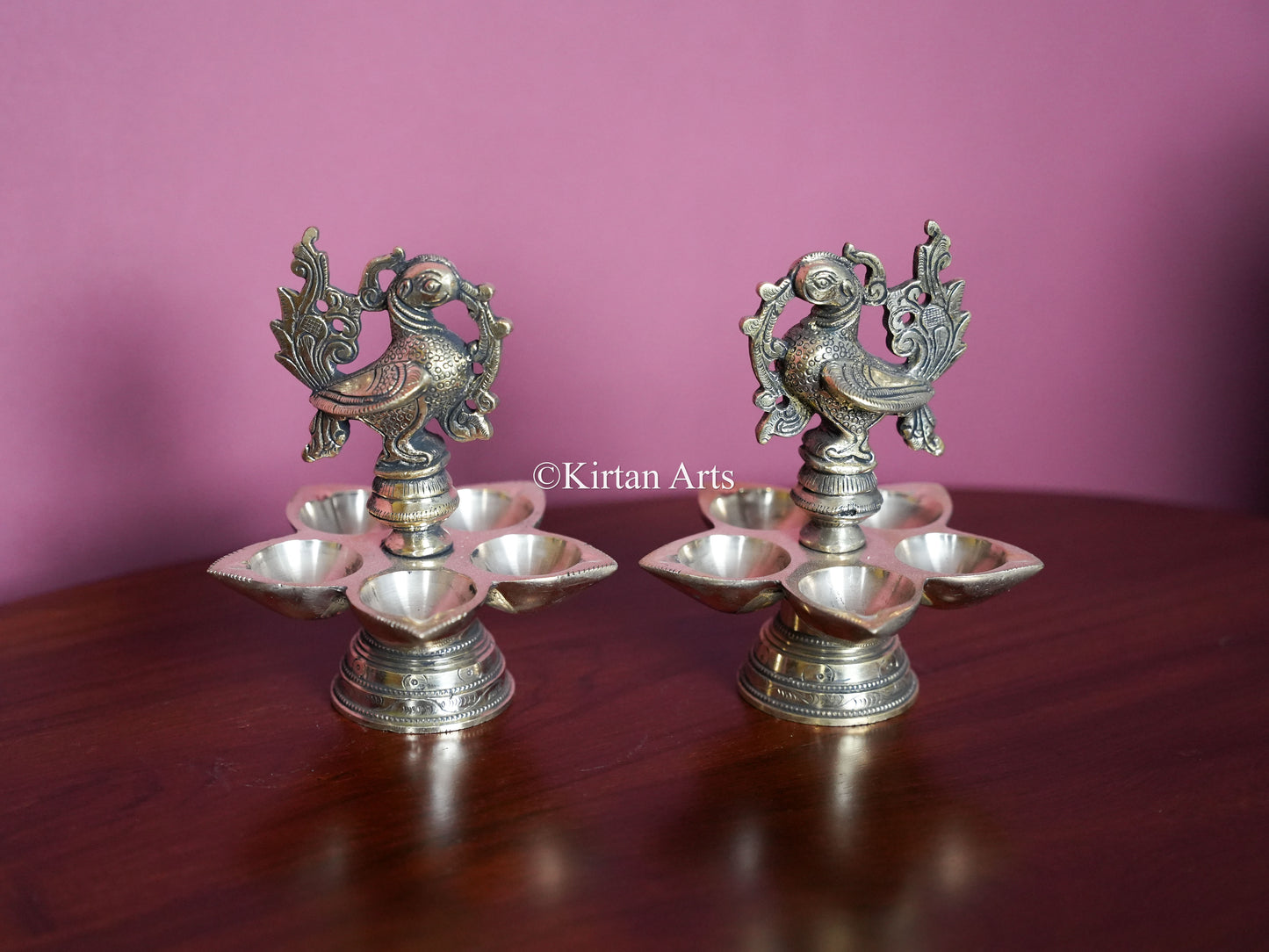 Premium Solid Brass Peacock Standing Lamp Pair(5 Wick) – 6-Inch Traditional Tabletop Brass Diya Set with Carved Mayura Finials&nbsp;