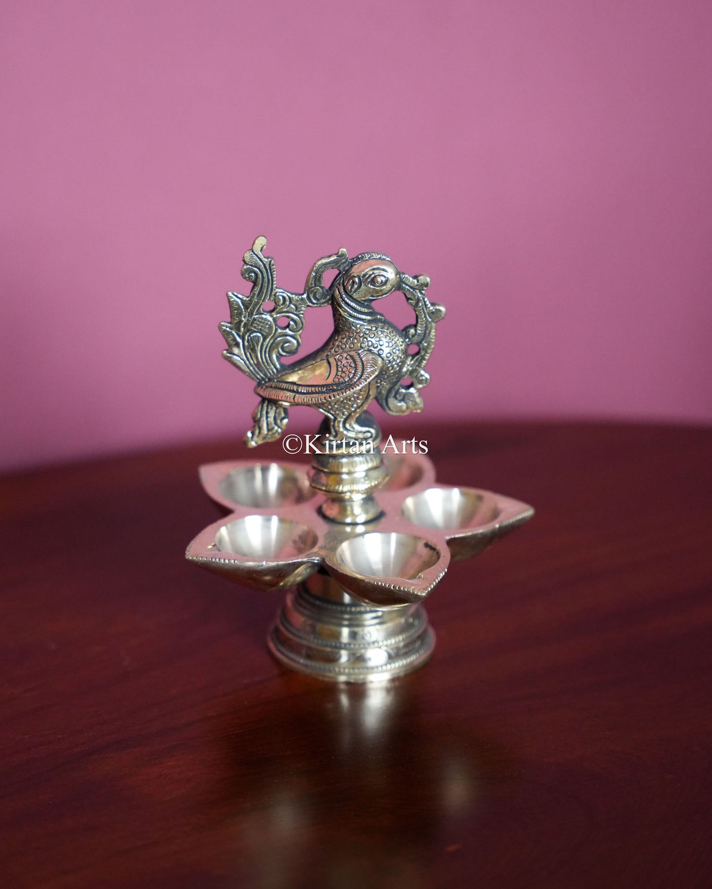 Premium Solid Brass Peacock Standing Lamp Pair(5 Wick) – 6-Inch Traditional Tabletop Brass Diya Set with Carved Mayura Finials&nbsp;