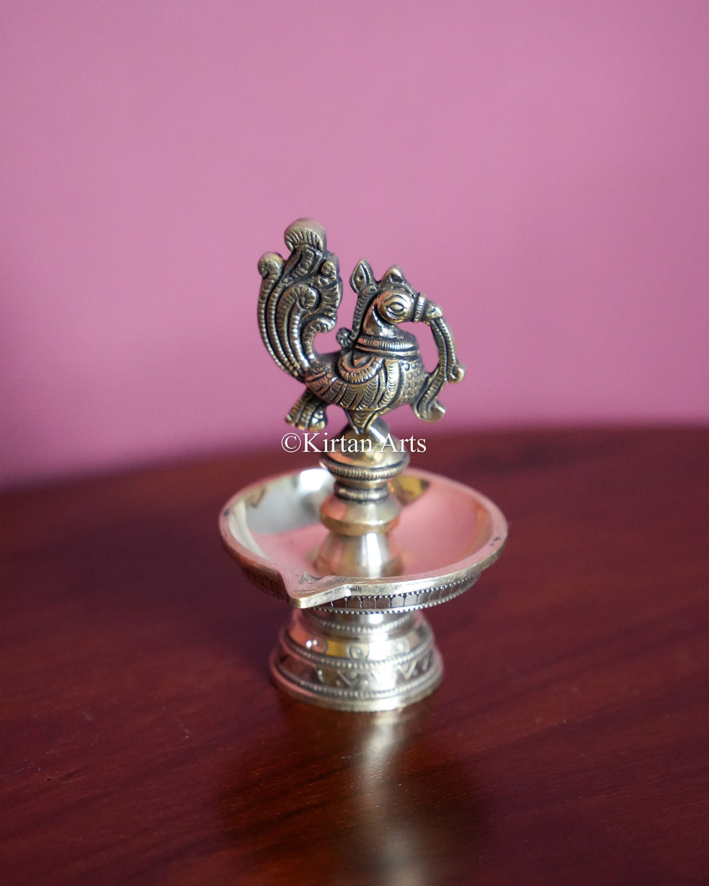 Premium Solid Brass Peacock Standing Lamp Pair(1 Wick) – 5-Inch Traditional Tabletop Brass Diya Set with Carved Mayura Finials&nbsp;
