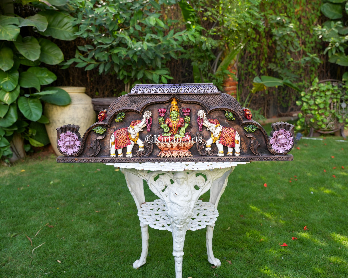 36" Gaja Lakshmi Wall Panel with Hand-Painted Watercolor Finish and Elephant Reliefs
