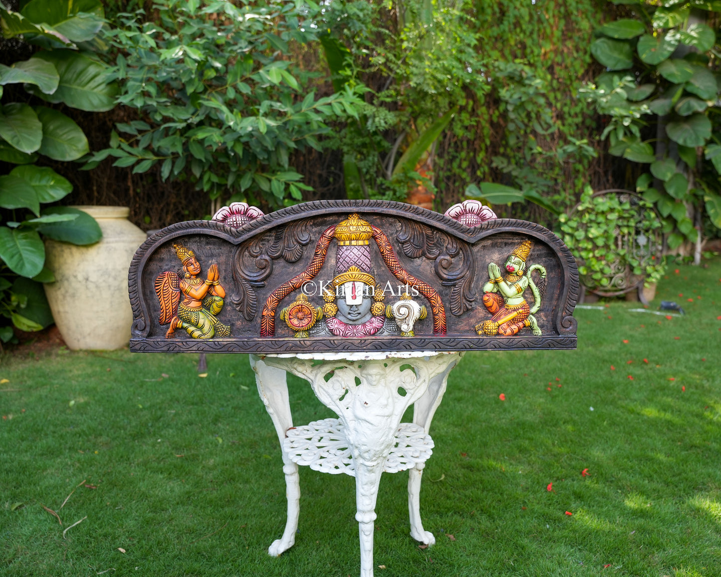 36" Premium Handcrafted Wooden Tirupati Balaji Wall Panel with Hand-Painted Watercolor Finish, Garuda, and Hanuman Devotional Reliefs