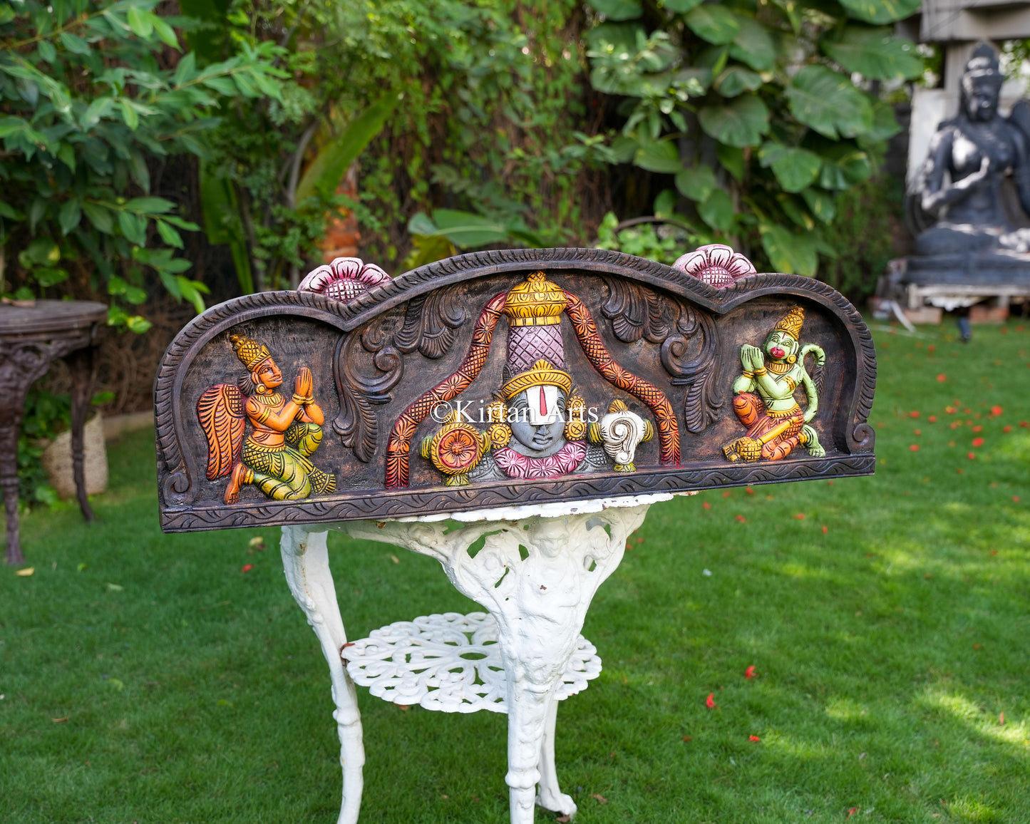 36" Premium Handcrafted Wooden Tirupati Balaji Wall Panel with Hand-Painted Watercolor Finish, Garuda, and Hanuman Devotional Reliefs