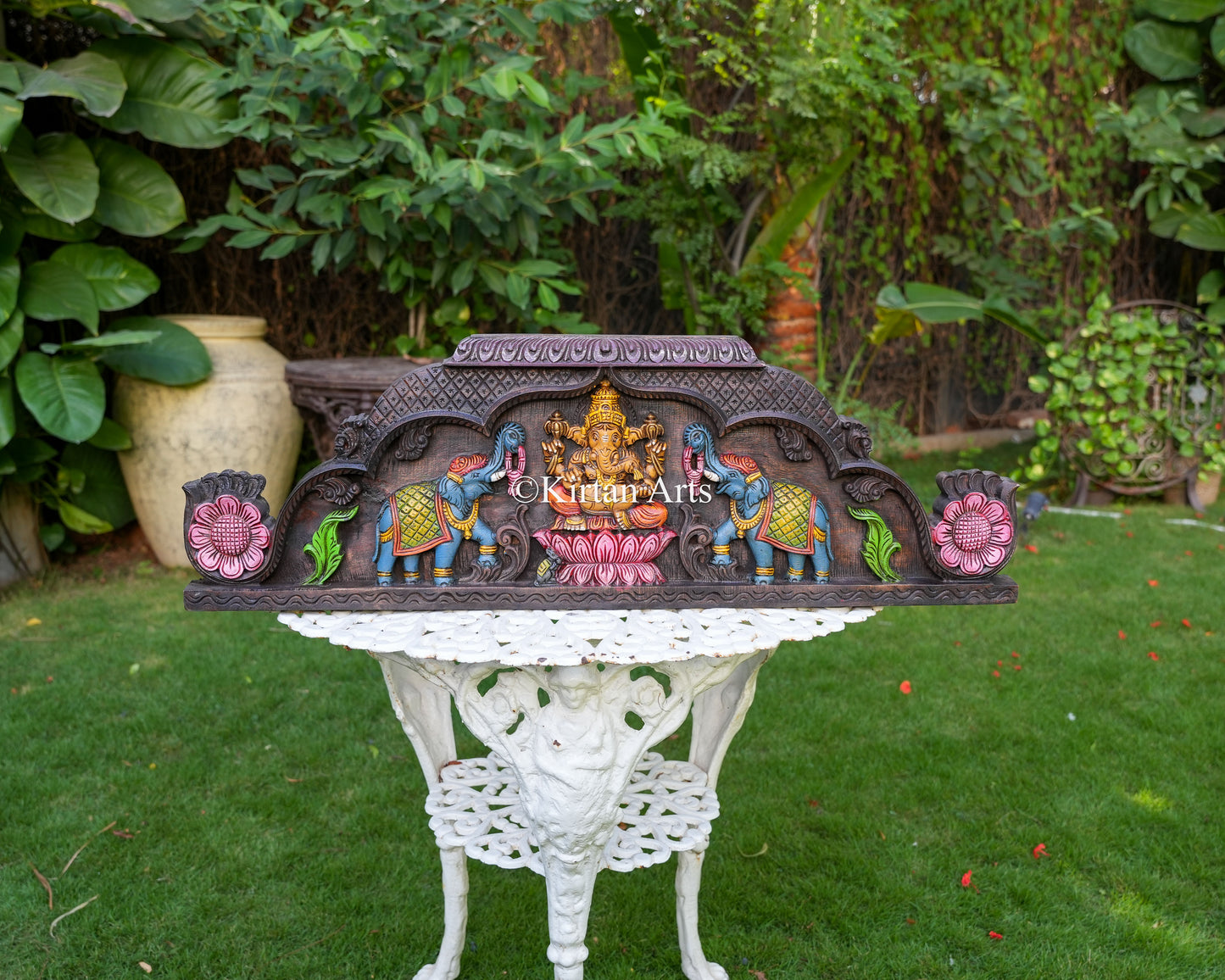 36" Premium Handcrafted Wooden Ganesha Wall Panel with Watercolor Finish and Elephant Reliefs