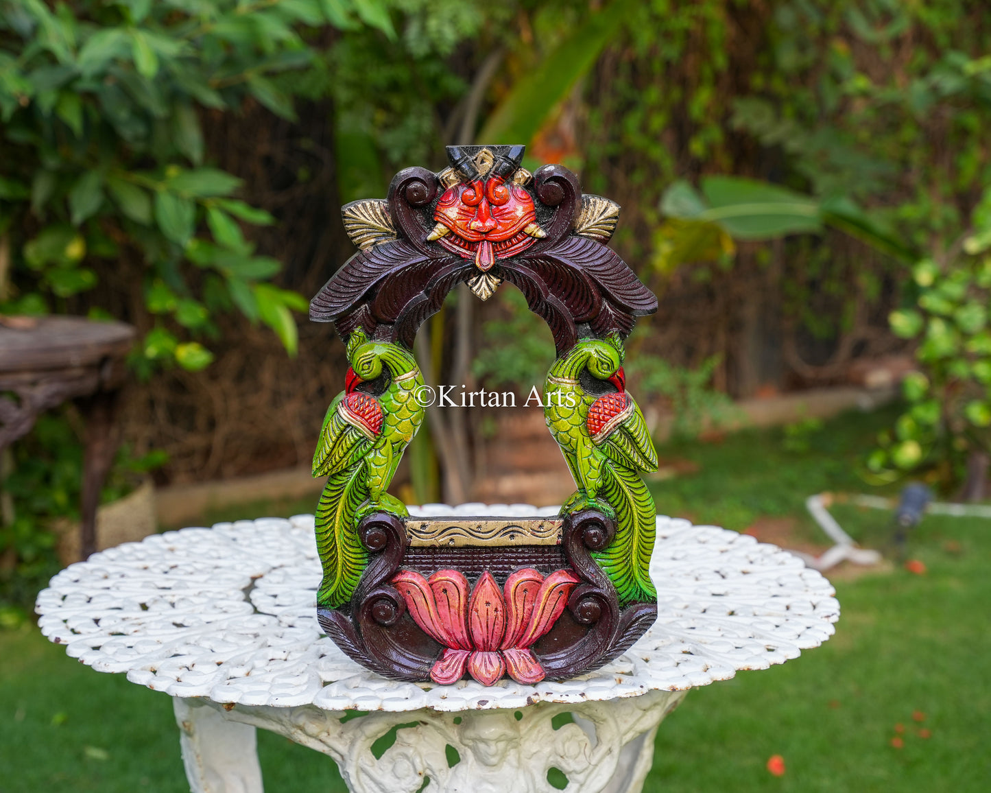 18" Ornate Hand-Carved Wooden Kirtimukha and Peacock Jharokha Frame