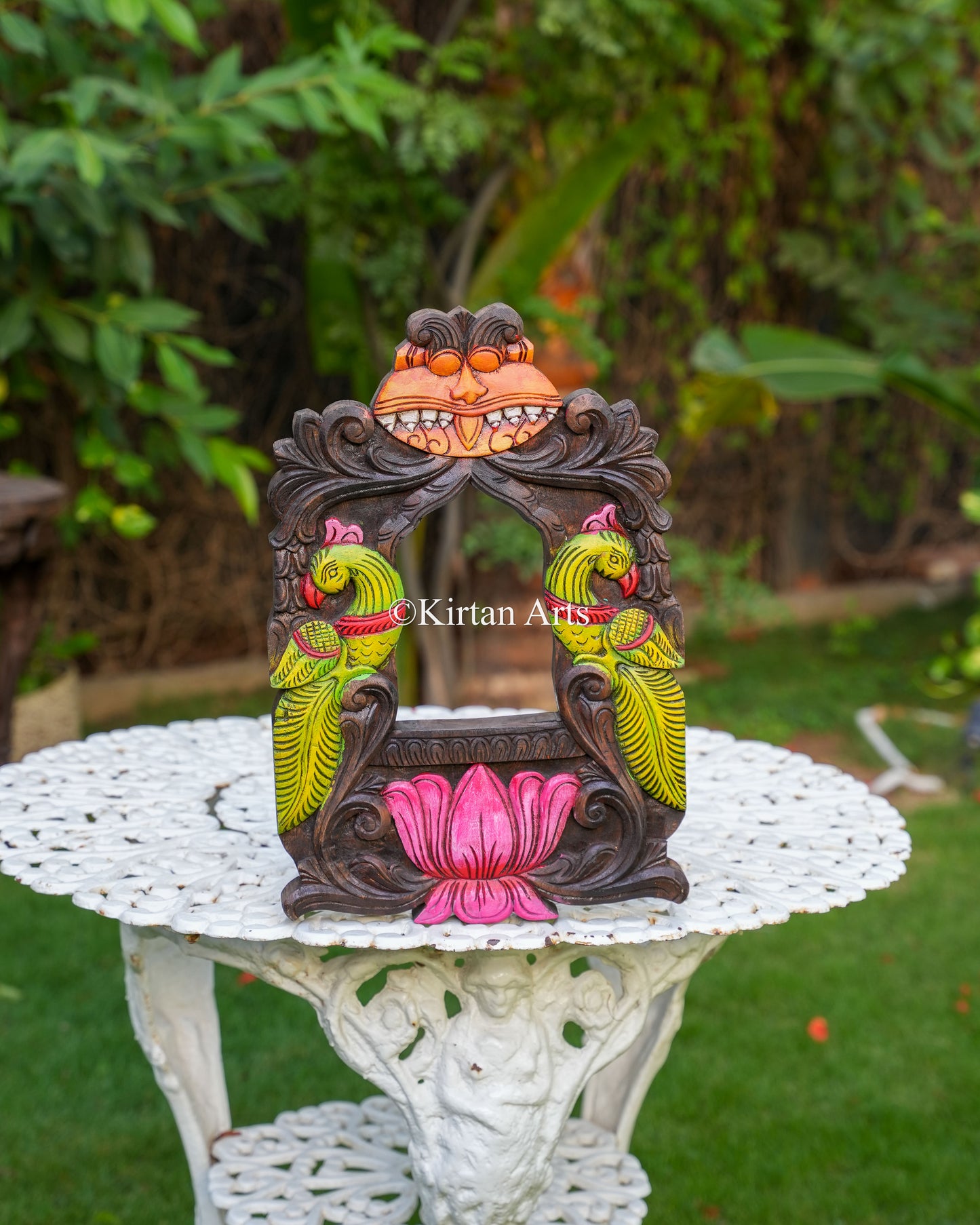 18" Ornate Hand-Carved Wooden Kirtimukha and Peacock Jharokha Mirror Frame