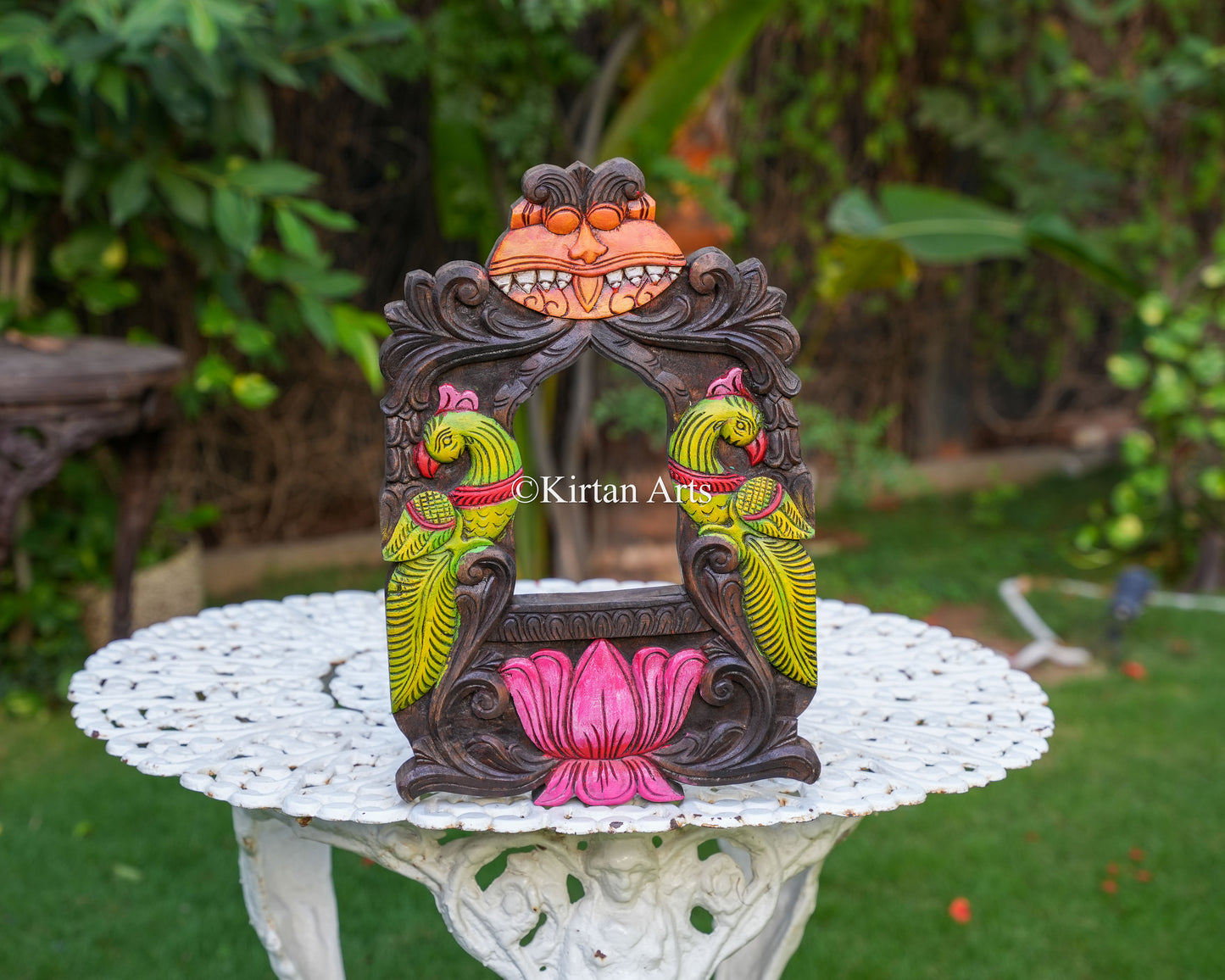 18" Ornate Hand-Carved Wooden Kirtimukha and Peacock Jharokha Mirror Frame