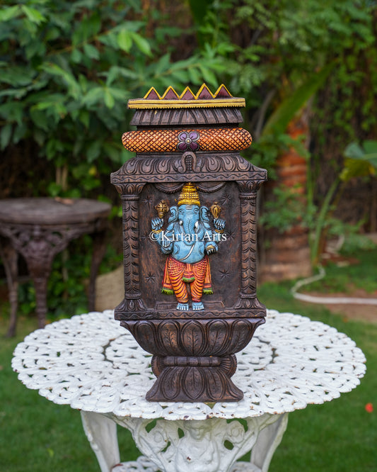 24" Hand-Carved Wooden Ganesha Jharokha Panel (Watercolor Edition)