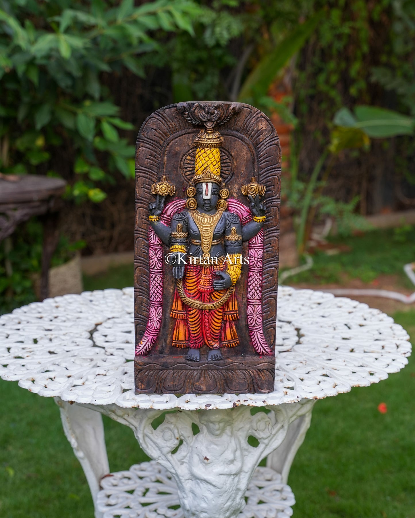 18" Hand-Carved Wooden Tirupati Balaji Wall Panel (Watercolor Edition)