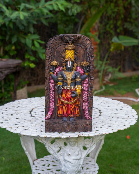 18" Hand-Carved Wooden Tirupati Balaji Wall Panel (Watercolor Edition)