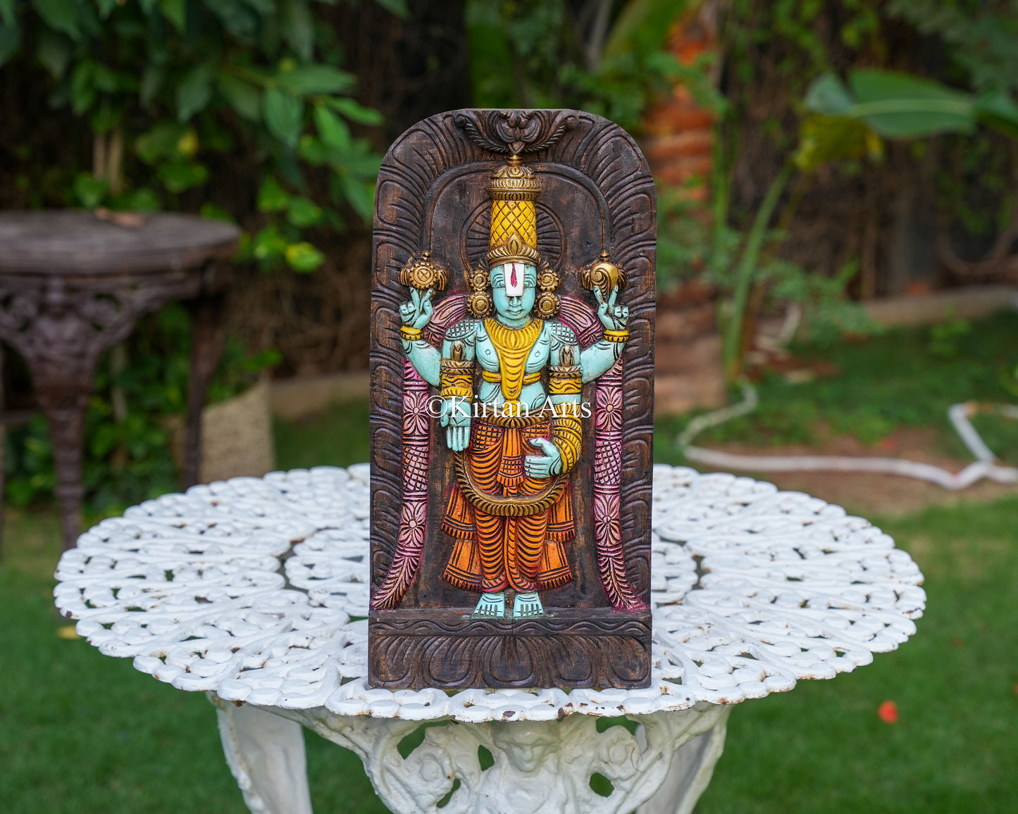 18" Hand-Carved Wooden Tirupati Balaji Wall Panel (Watercolor Edition)