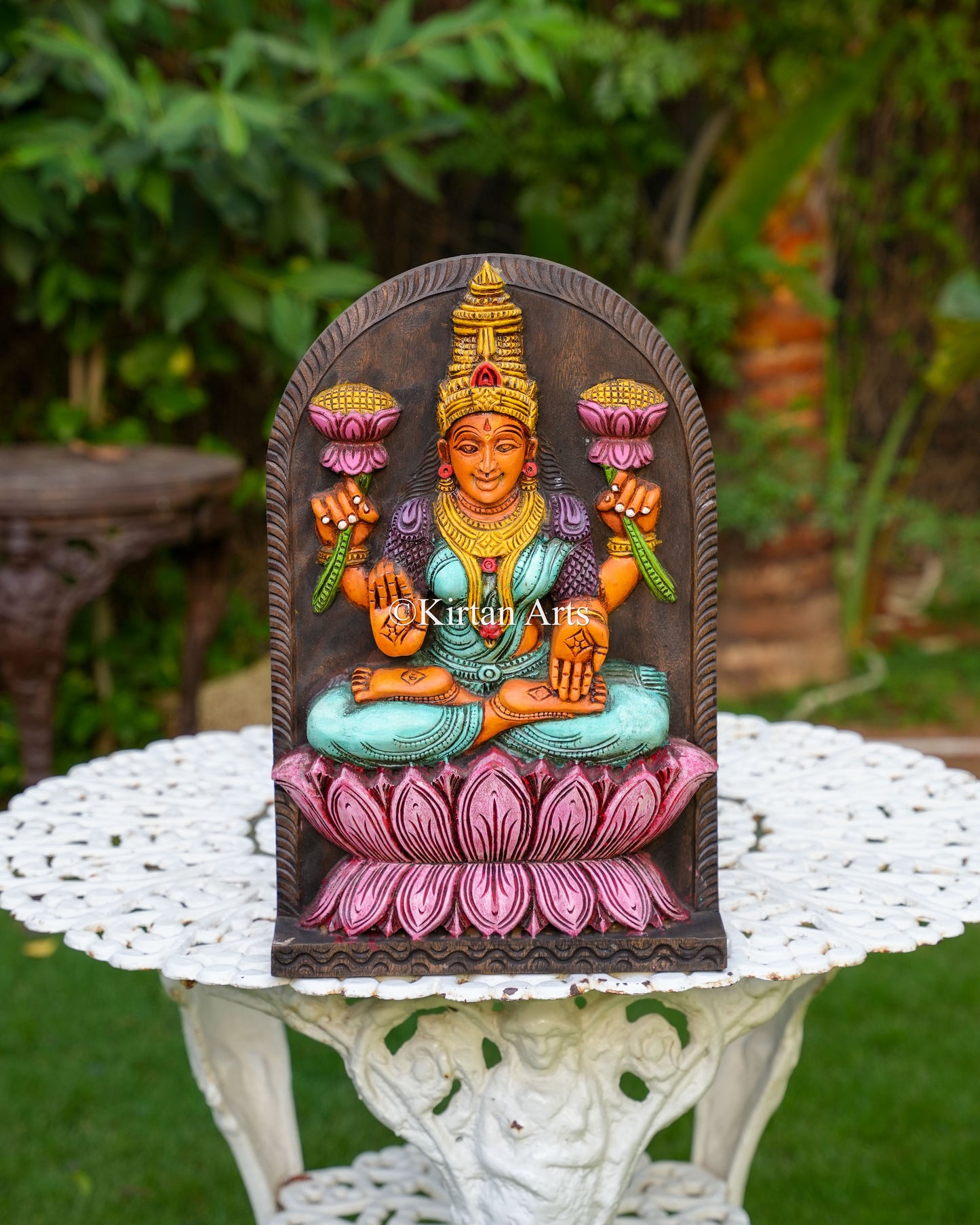 18" Hand-Carved Wooden Lakshmi Wall Panel (Watercolor Edition)
