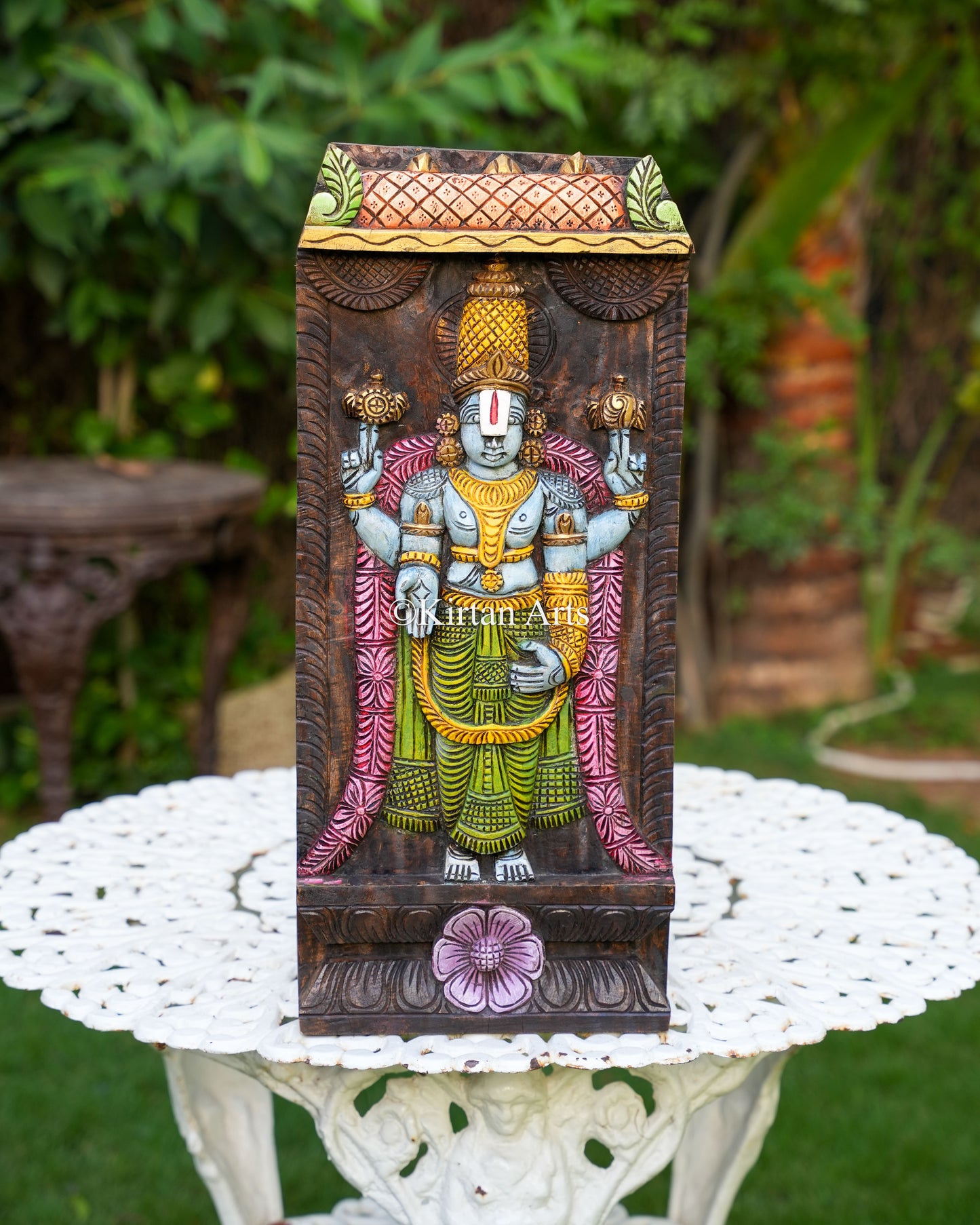 23" Hand-Carved Wooden Tirupati Balaji Shila Panel (Watercolor Edition)