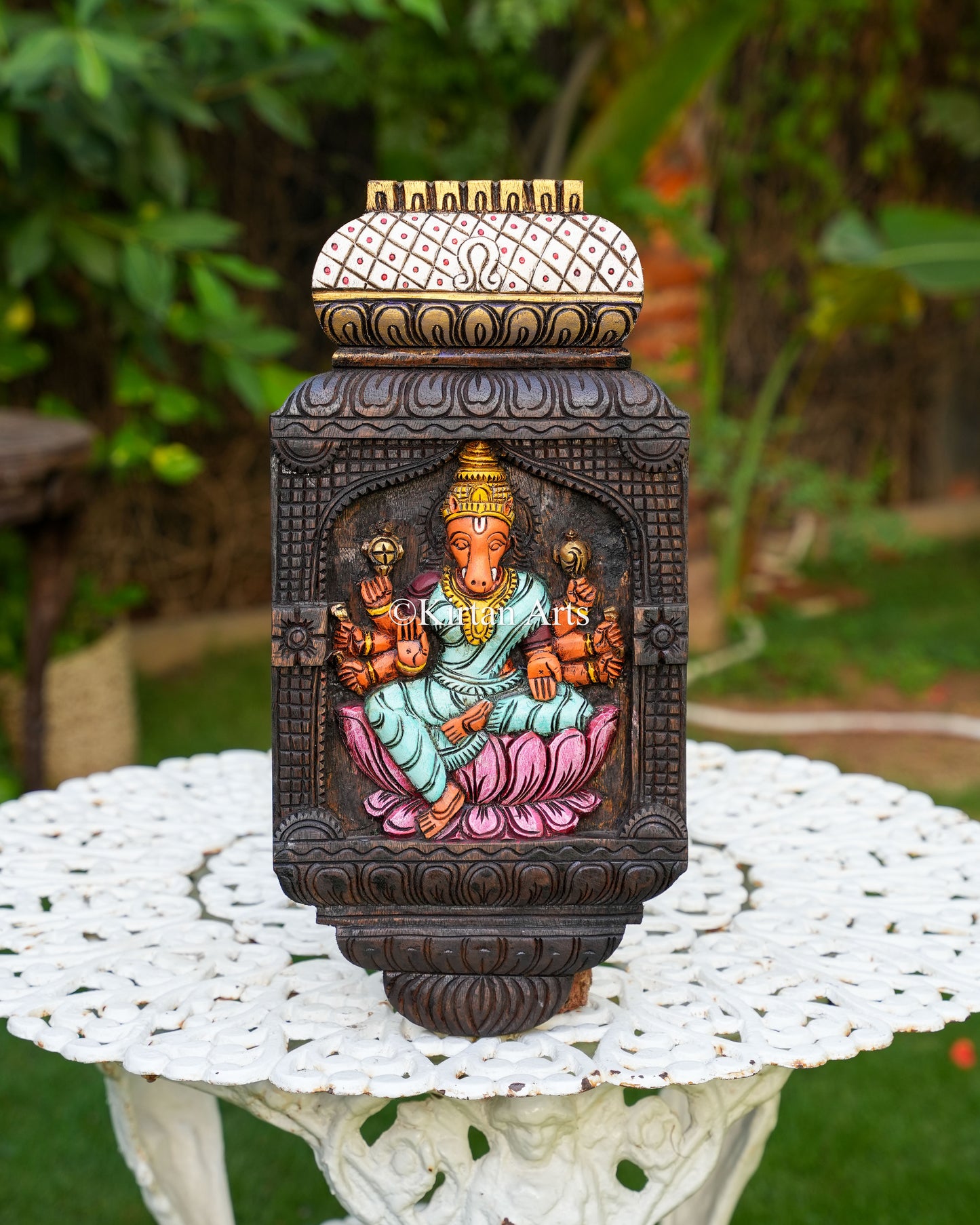 20" Hand-Carved Wooden Goddess Varahi Jharokha Panel (Watercolor Edition)