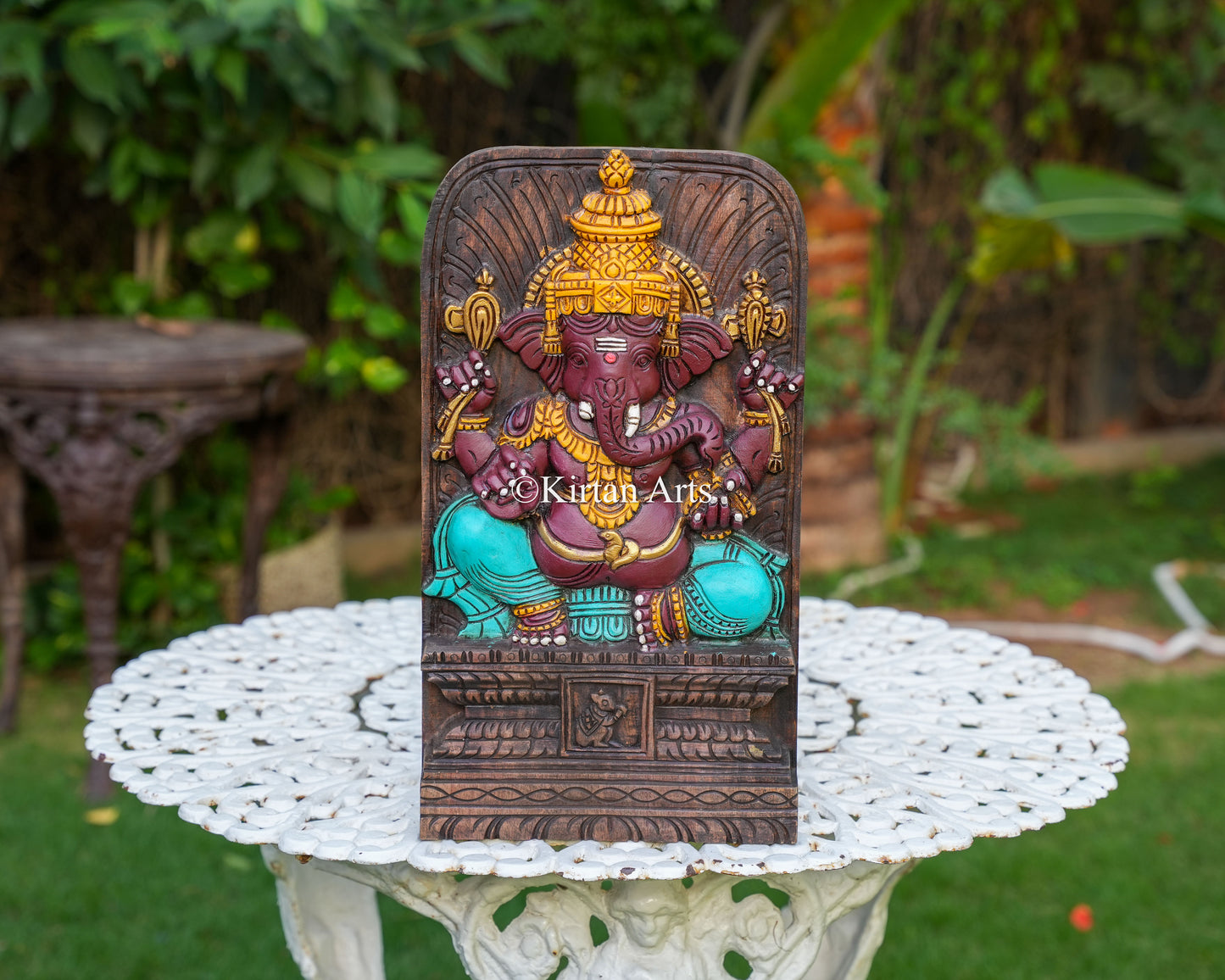 Hand-Carved Wooden Ganesha Shila Panel | Watercolours