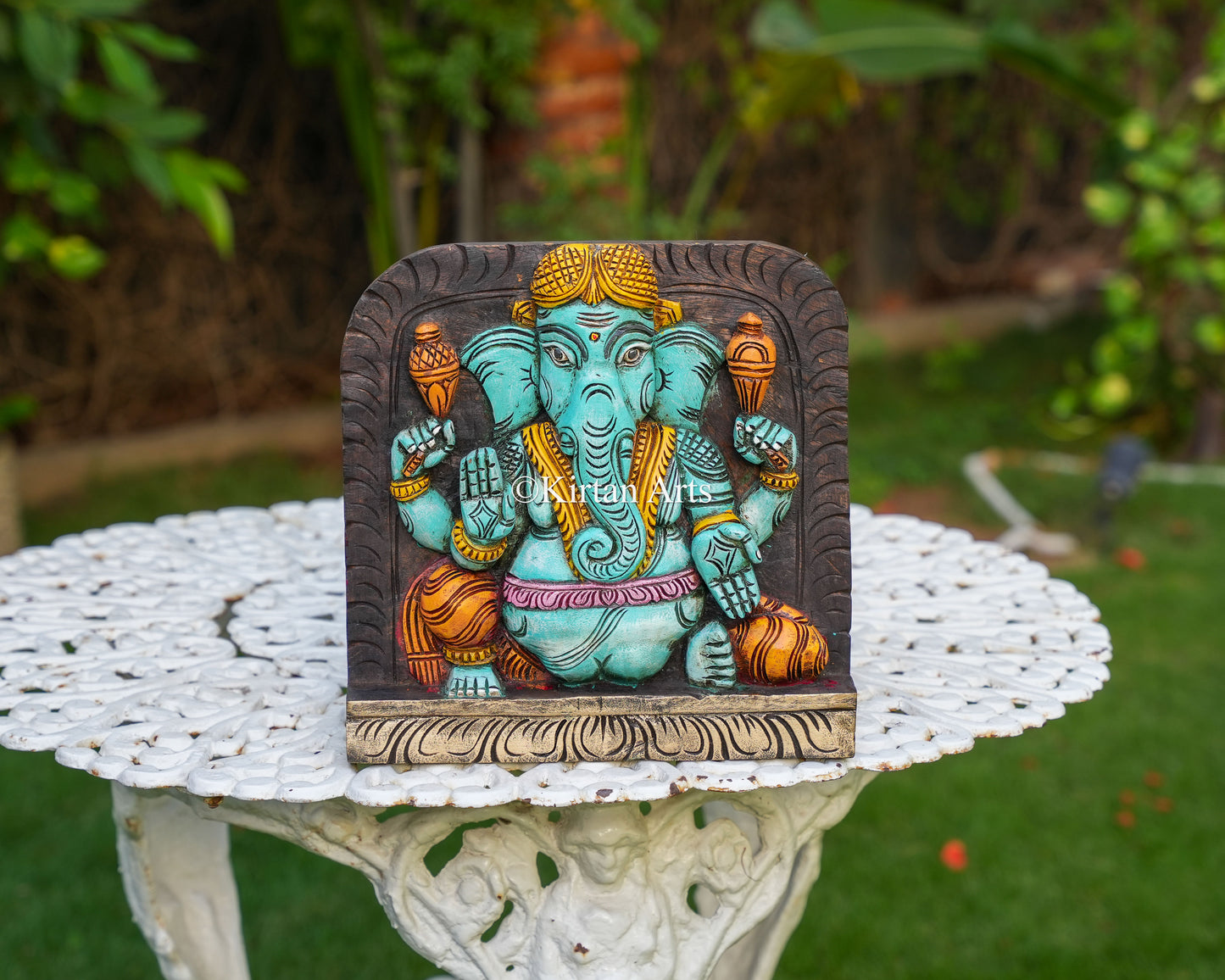 12" Hand-Carved Wooden Ganesha Panel | Hand-Painted Watercolor Finish