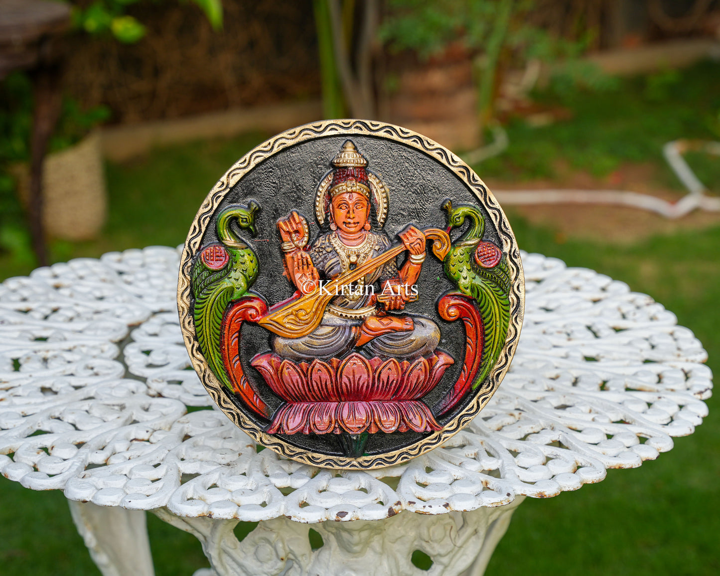Ornate Hand-Carved Wooden Goddess Saraswati Circular Panel