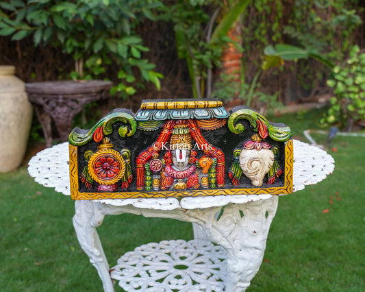 18x8 Inch Wooden Tirupati Balaji Panel with Hand-Painted Shankh and Chakra