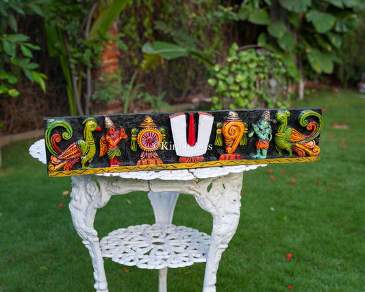 30x6 Inch Wooden Tirupati Namam Panel with Shankh, Chakra, Garuda, and Hanuman Reliefs