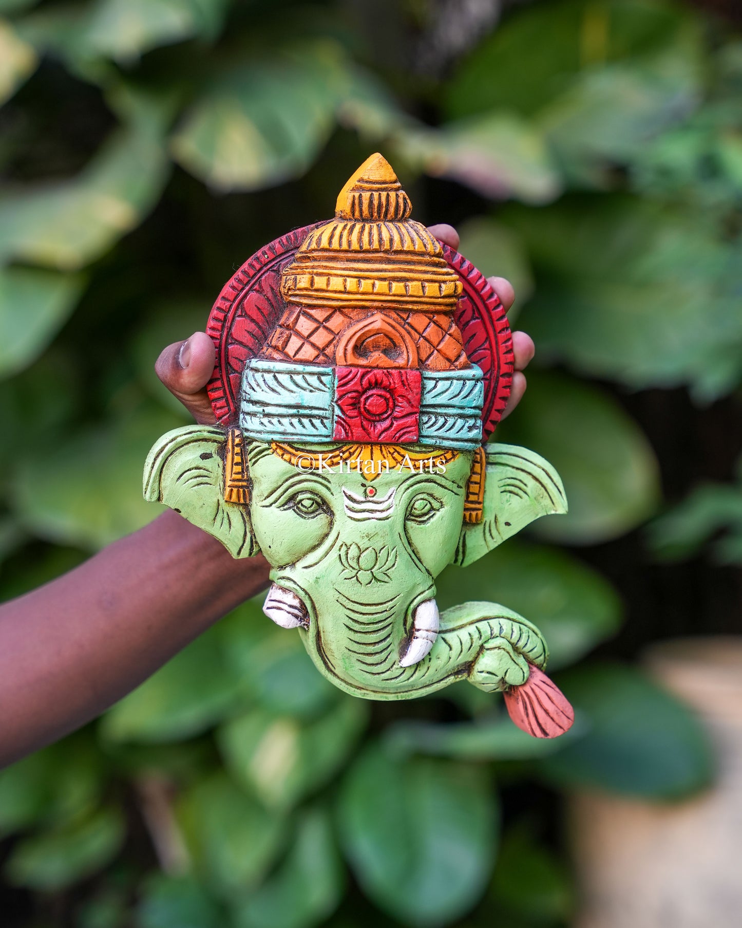 10x8 Inch Handcrafted Wooden Lord Ganesha Face Mask | Watercolors