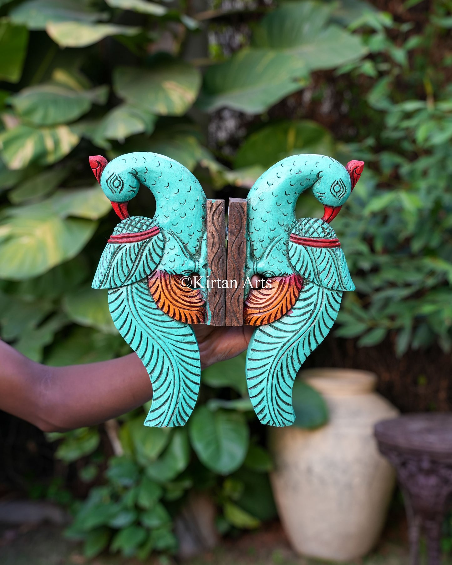 12" Hand-Carved Wooden Symmetrical Peacock Wall Bracket / Corbel Pair | Watercolors