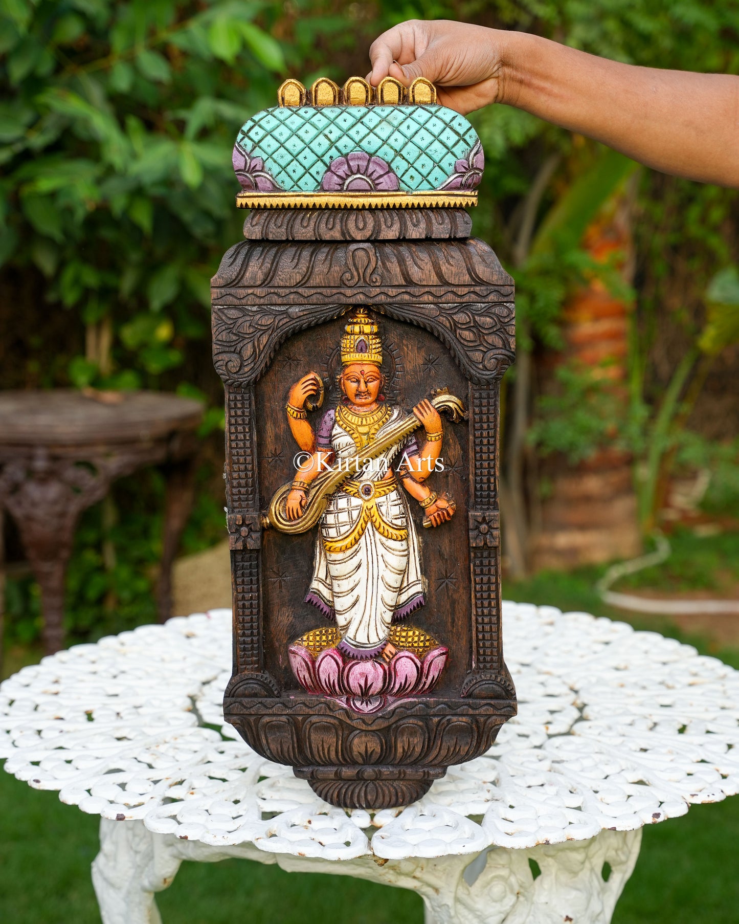 24x10 Inch Hand-Carved Wooden Goddess Saraswati Gopuram Panel