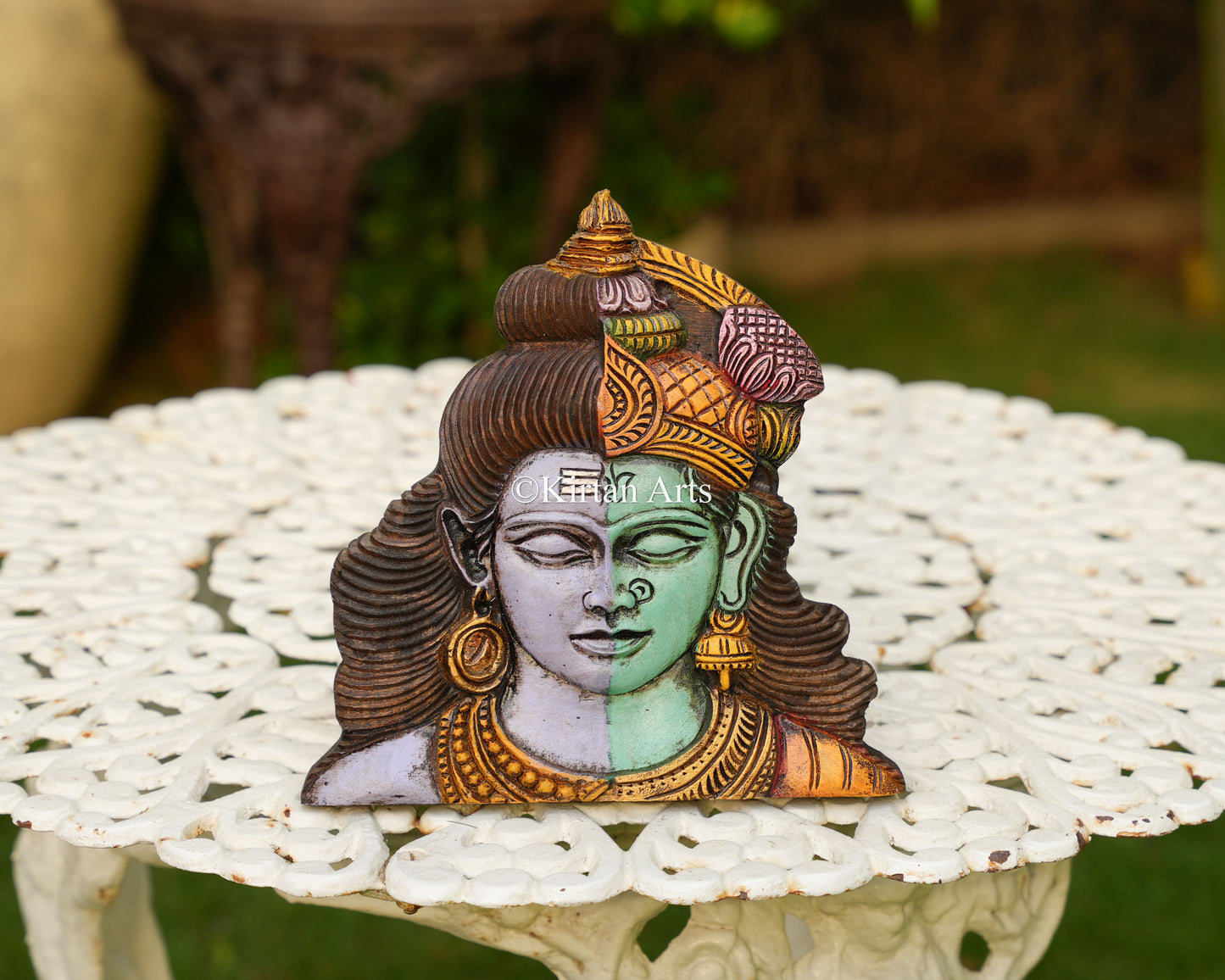 10" Hand-Carved Ardhanarishvara Wooden Wall Panel – Shiva & Parvati Divine Union