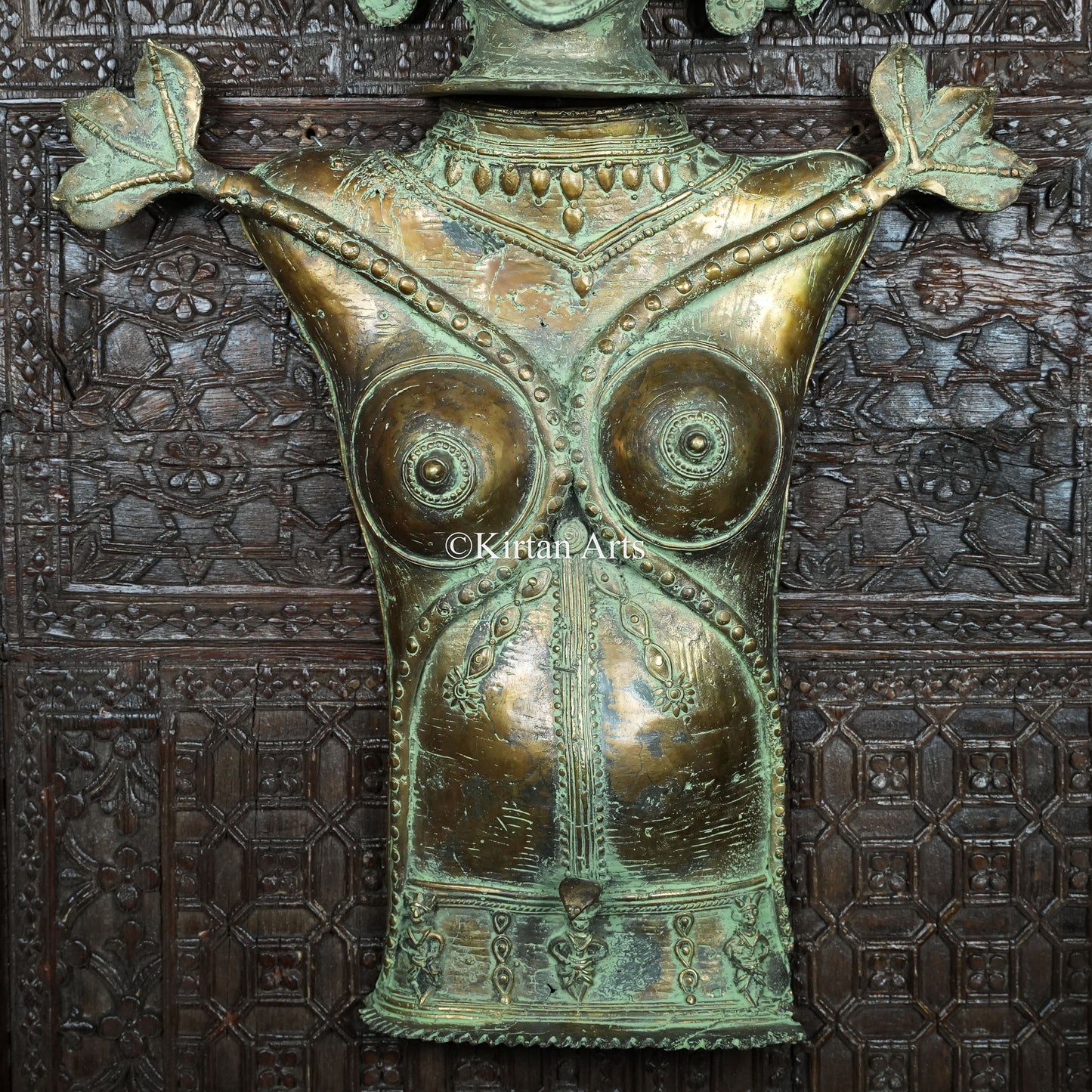 Rare Composite Brass Panjurli + Theyyam Bhadrakali Breastplate on Carved Wood Panel | Kerala & Tulu Nadu Ritual Art