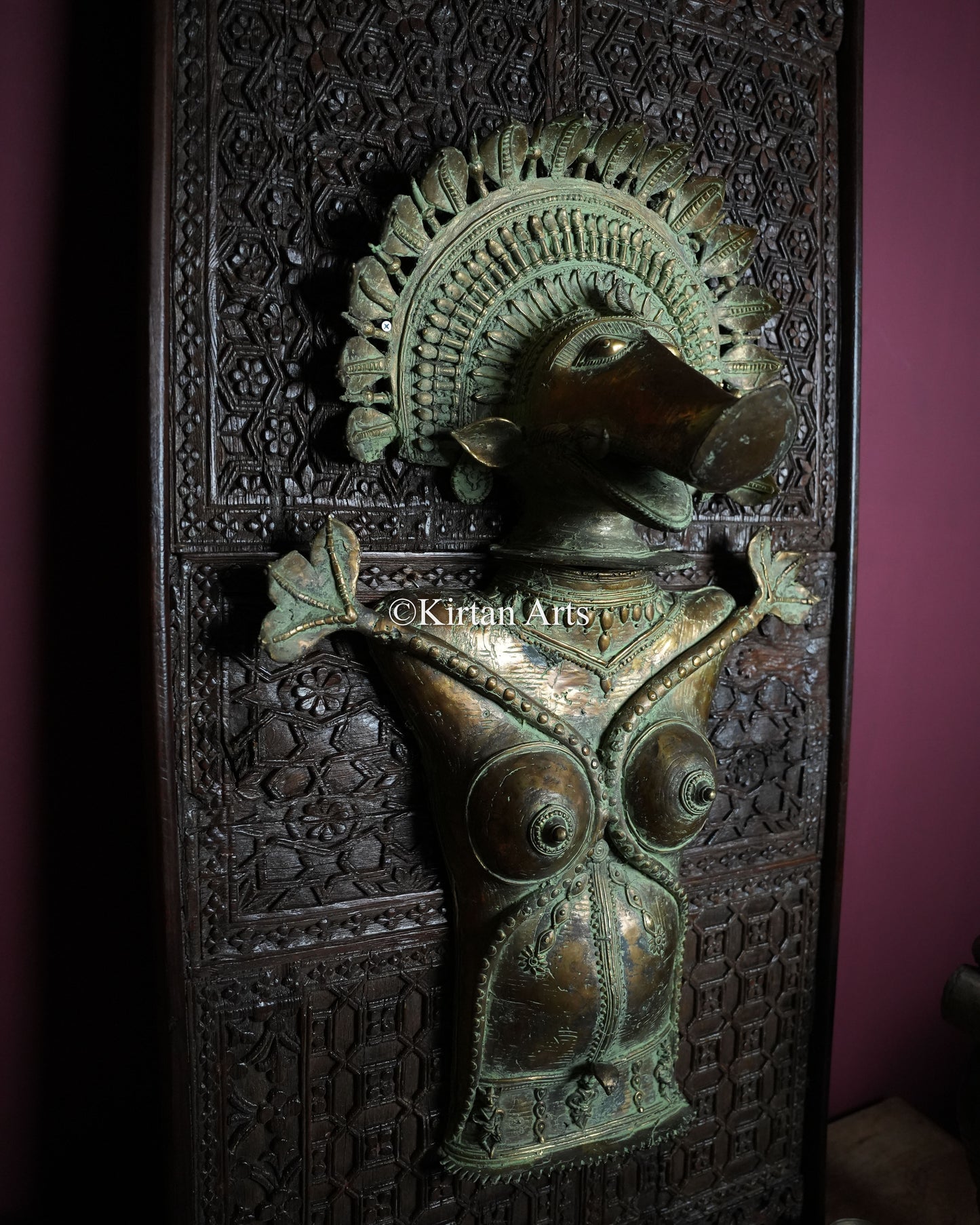 Rare Composite Brass Panjurli + Theyyam Bhadrakali Breastplate on Carved Wood Panel | Kerala & Tulu Nadu Ritual Art