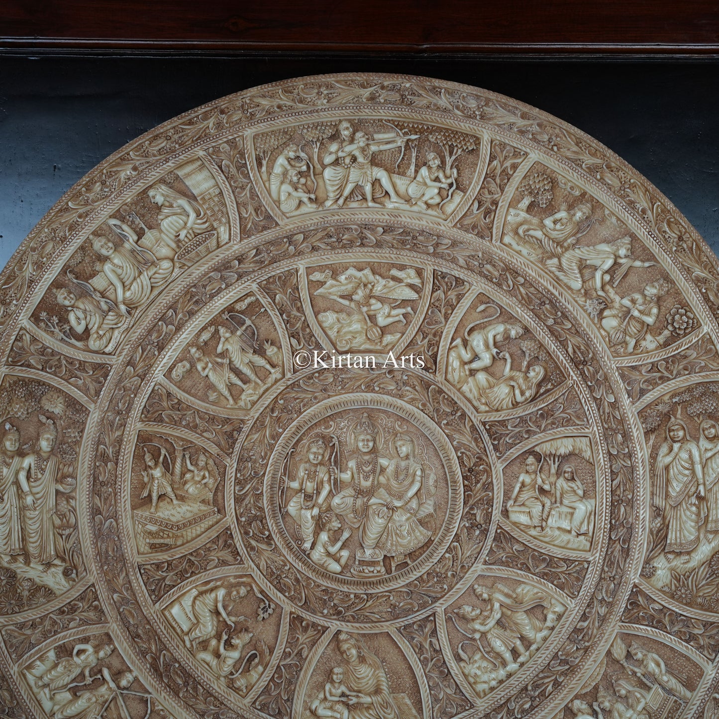 Ramayan Epic Narrative Circular Wall Panel – 29 Inch Wood & Resin Relief Artwork