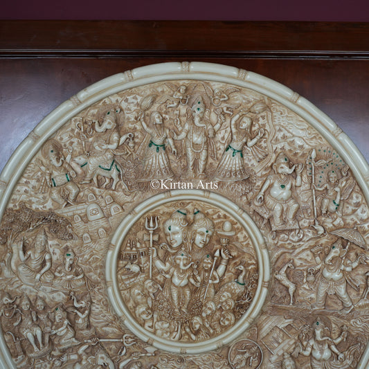 Ashta Vinayaka & Shiva Parvati Circular Wall Panel – 29 Inch Relief Artwork with Malachite Gemstones