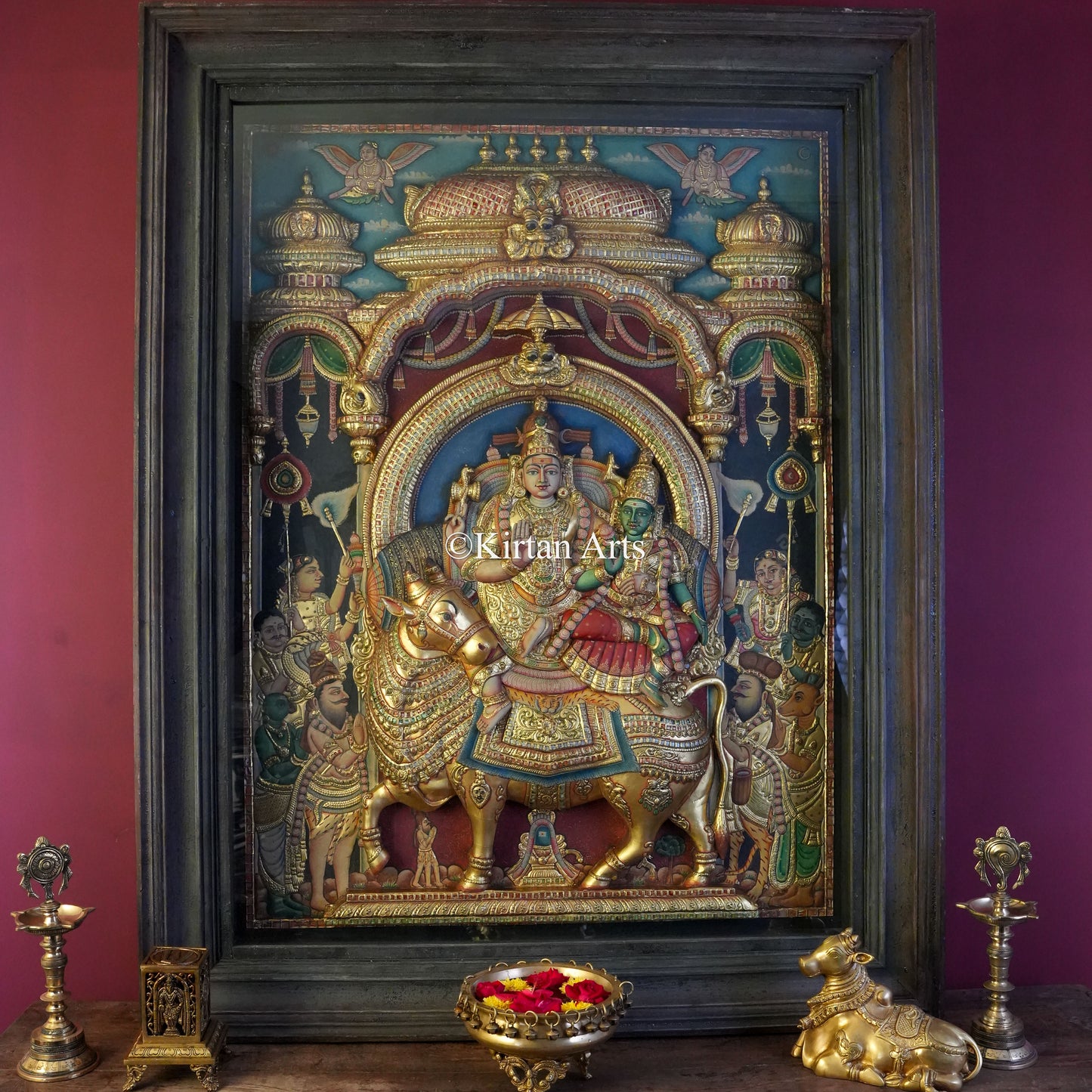 Super Embossed 3D Tanjore Painting – Lord Sundareshwara & Goddess Meenakshi on Rishabham | 4x3 ft