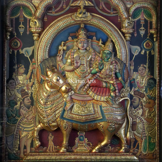Super Embossed 3D Tanjore Painting – Lord Sundareshwara & Goddess Meenakshi on Rishabham | 4x3 ft