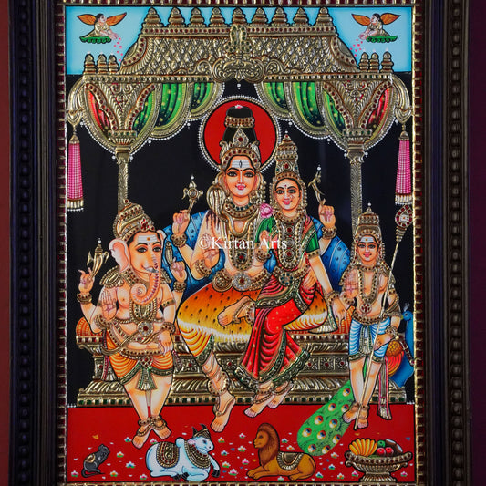 Premium Handcrafted Shiva Parvati Family Tanjore Painting – 24x18 Inch Artwork (27x21 Inch with Frame)
