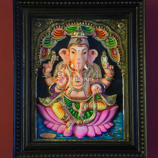 Super Embossed 3D Lord Ganesha Tanjore Painting – 20x16 Inch Artwork (23x19x6 Inch with Frame)