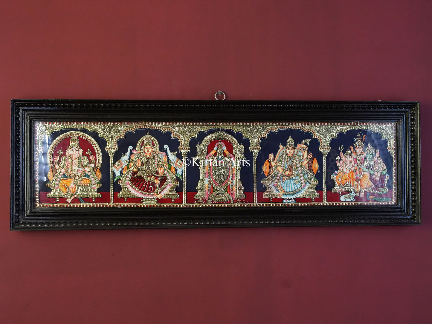 5-Deity Tanjore Painting – 43x13 Inch Horizontal Wall Panel in 22K Gold Foil & Teakwood Frame