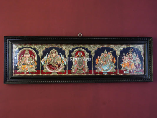 5-Deity Tanjore Painting – 43x13 Inch Horizontal Wall Panel in 22K Gold Foil & Teakwood Frame