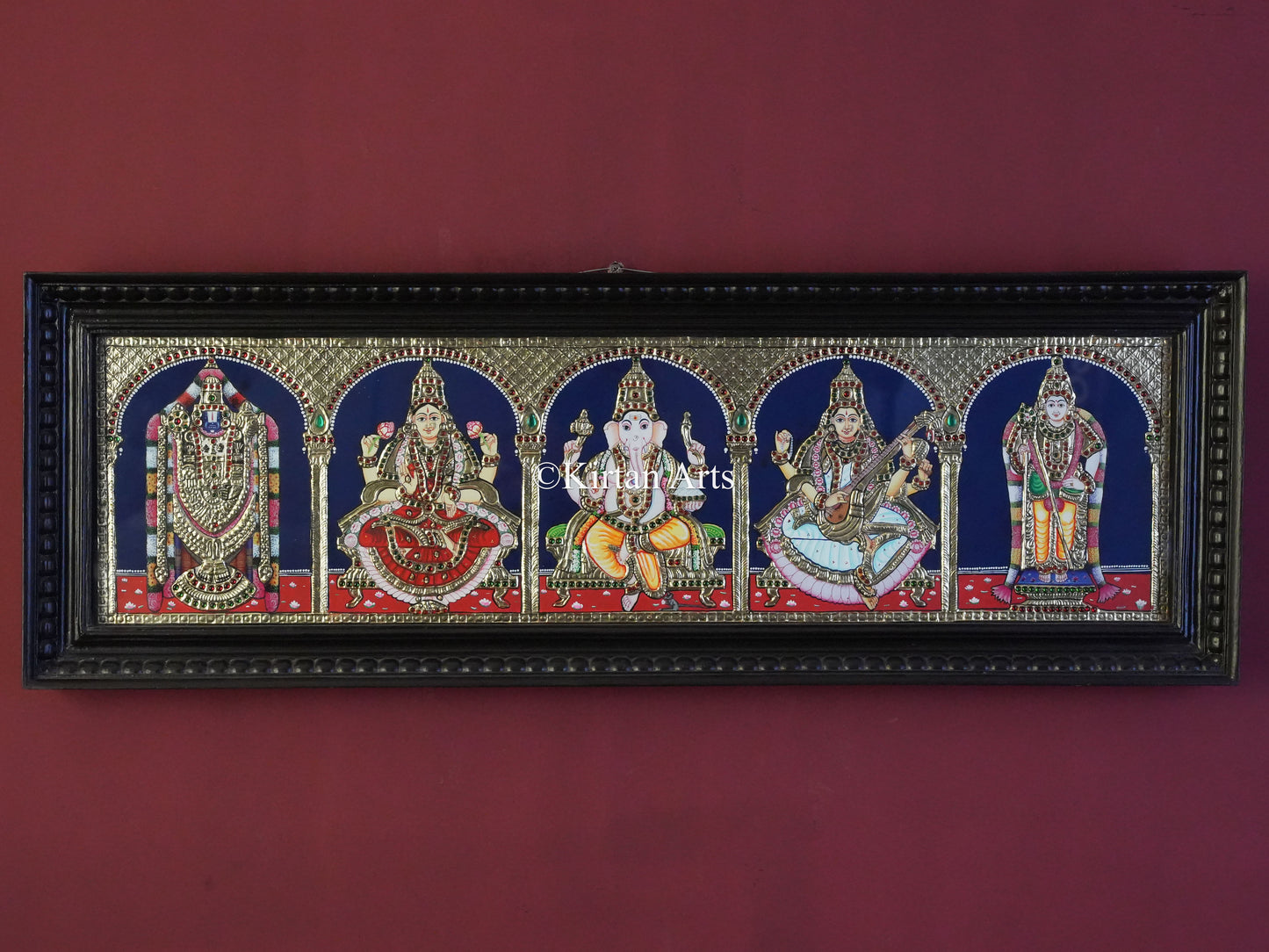5-Deity Tanjore Painting – 34x11.5 Inch Horizontal Wall Panel