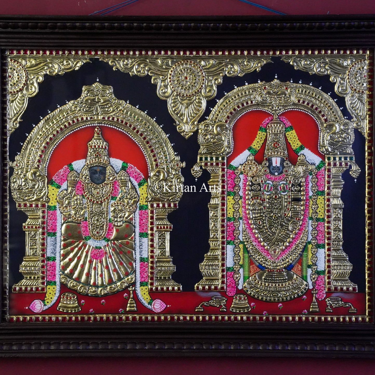 Goddess Padmavati & Lord Venkateswara Tanjore Painting – 27x21 Inch Horizontal Artwork with 22K Gold Foil & Teakwood Frame