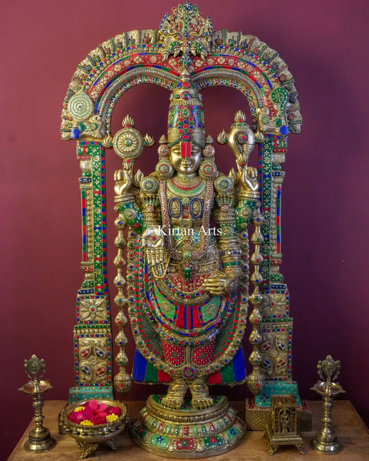 Masterpiece Brass Lord Venkateswara Statue – 56" Idol with Prabhavali & Stonework