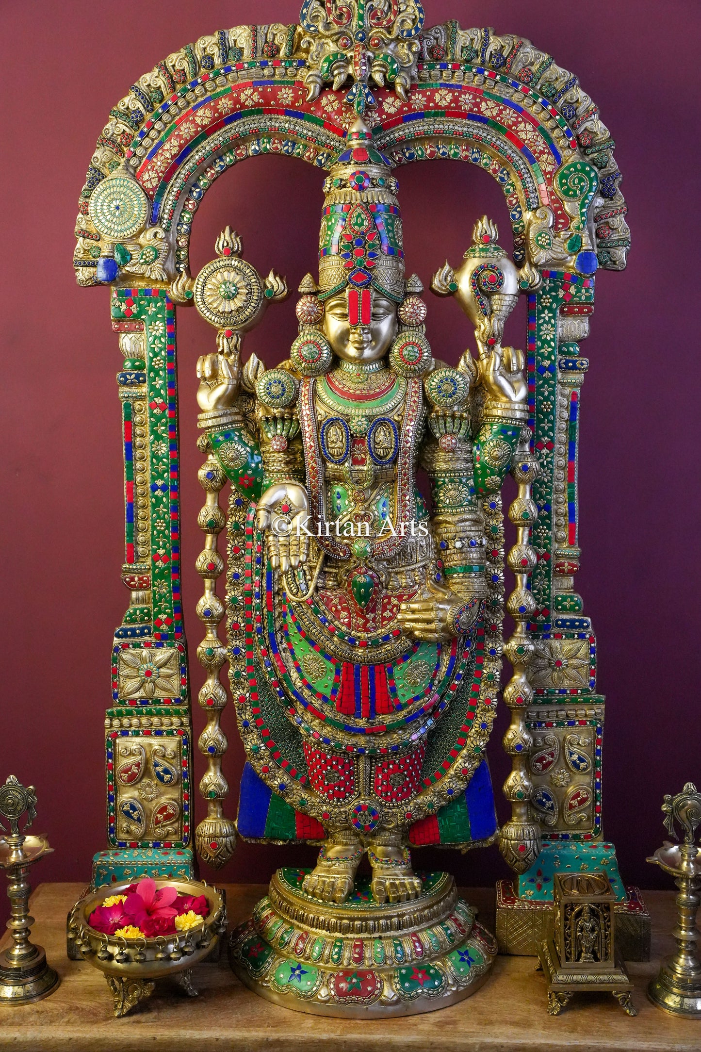 Masterpiece Brass Lord Venkateswara Statue – 56" Idol with Prabhavali & Stonework