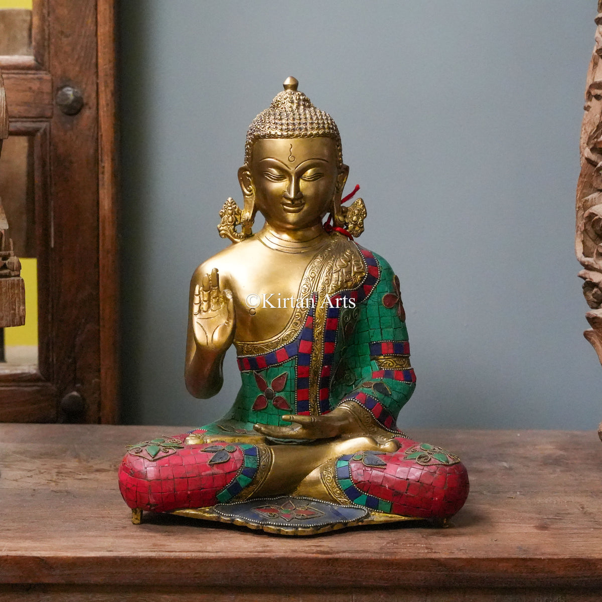 Brass Buddha Statue with Turquoise and Coral Stonework 13"