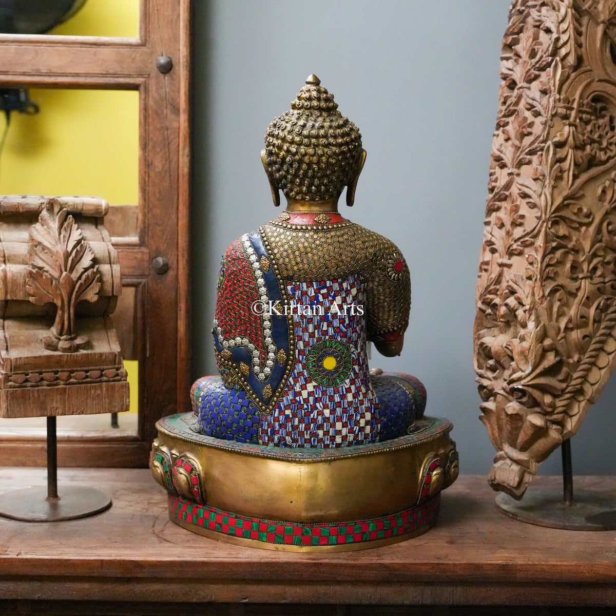 Large Brass Buddha Statue with Multicolor Stonework