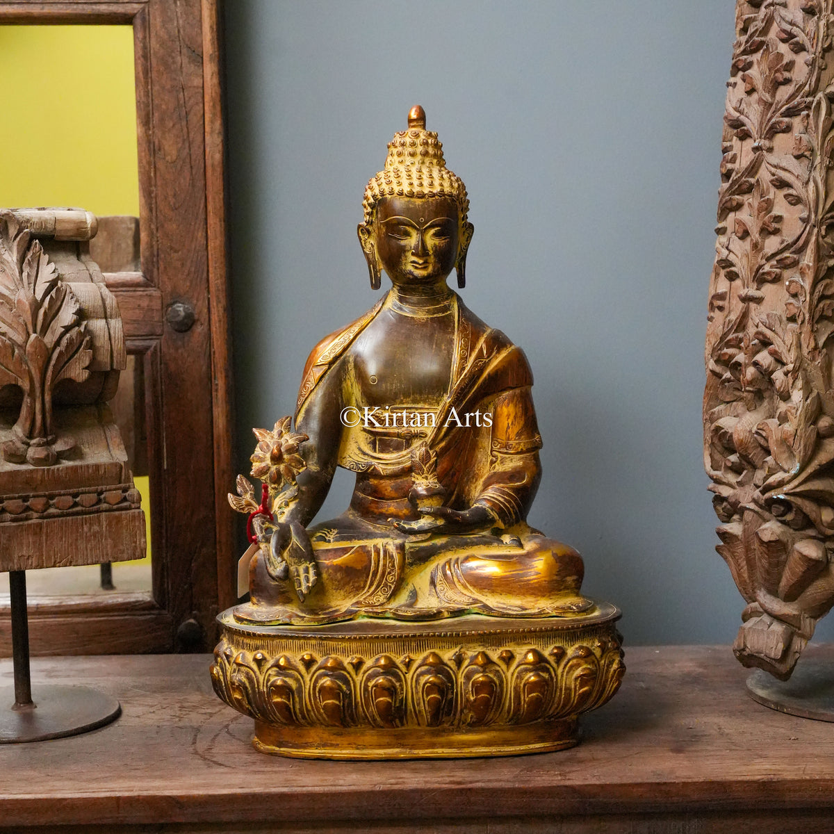 Antique Bronze-Finish Brass Buddha Statue with Lotus Flower 19"