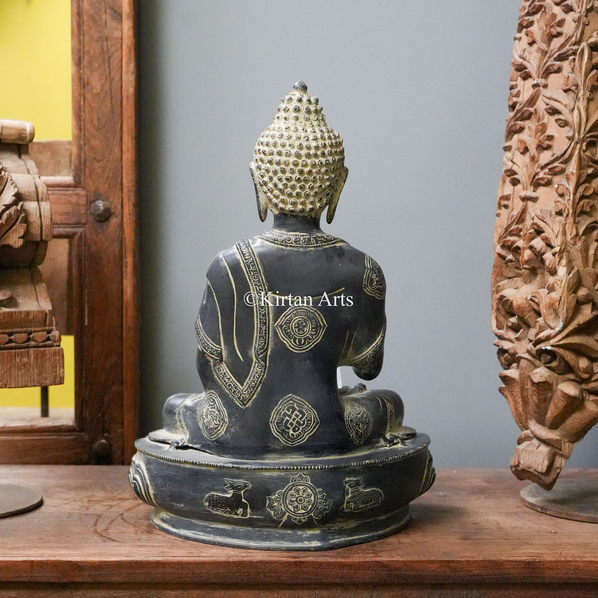 Charcoal-Finish Brass Buddha Statue with Engraved Robe 17"